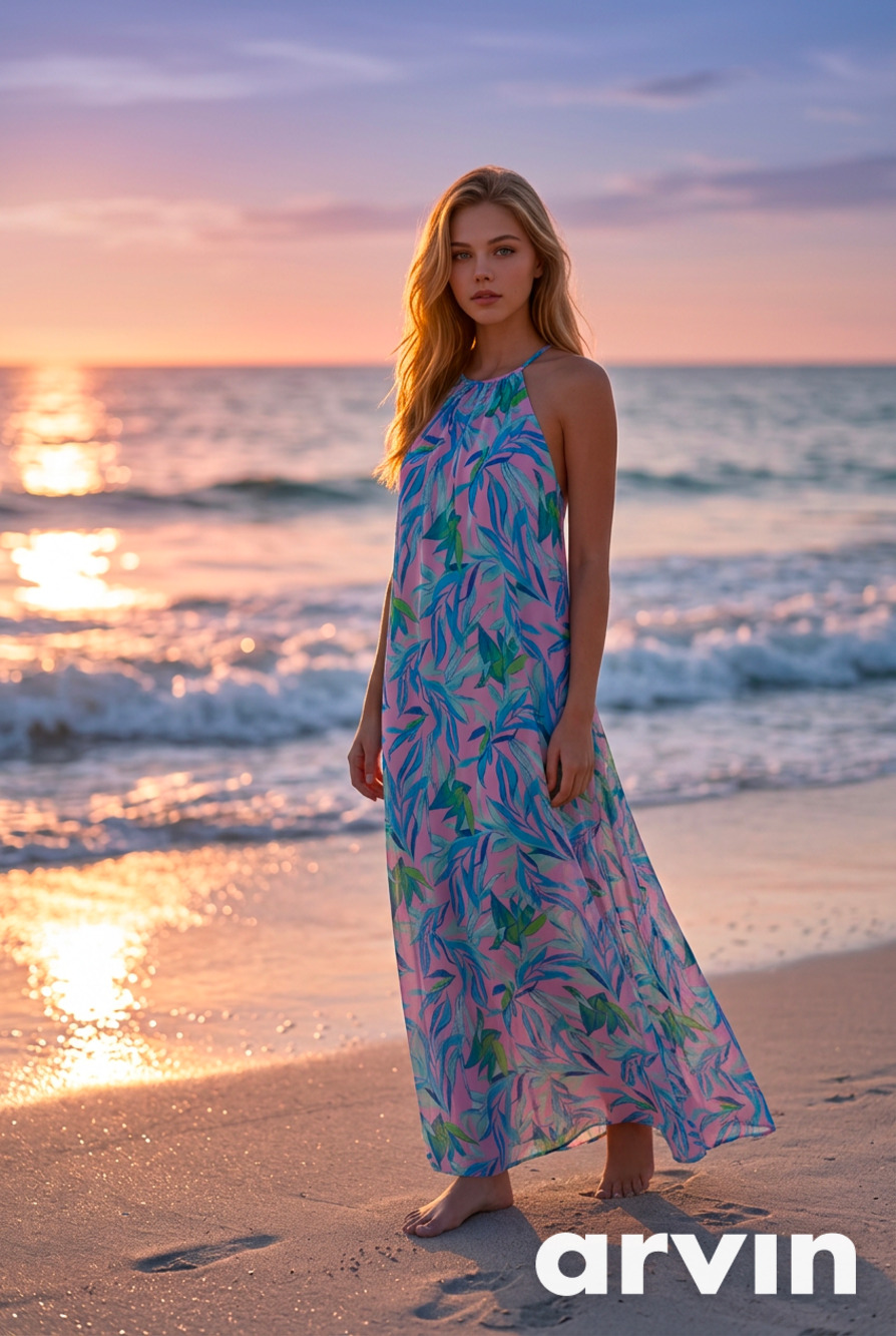 Peach Love California Floral Leaf Print Summer Halter Maxi Dress